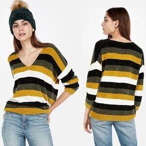 Express CHENILLE Sweater Striped V-Neck Knit Stretch Pullover XS‎